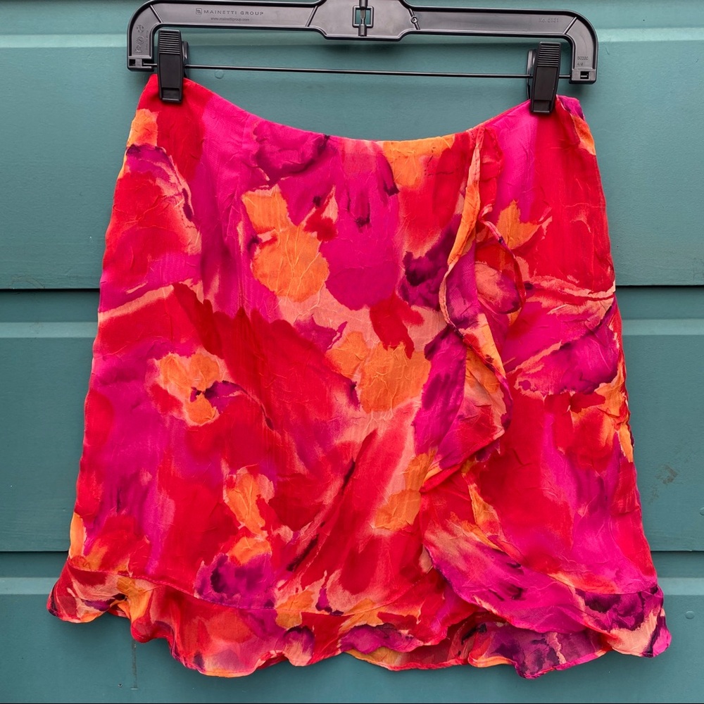 Cache Vintage Floral Pink Orange Ruffle Hem Skirt Size 4